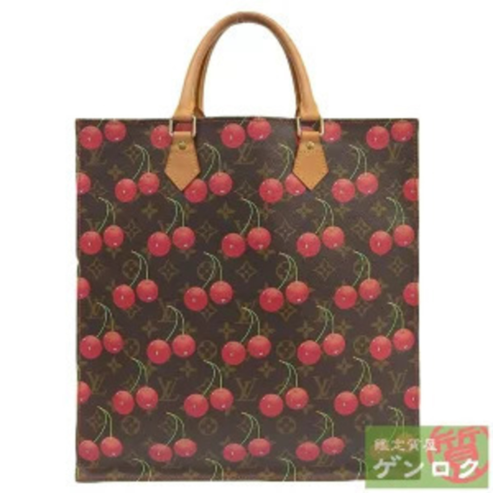Louis Vuitton Monogram Cherry Sac Plat Tote Bag Canvas Leather Red Brown